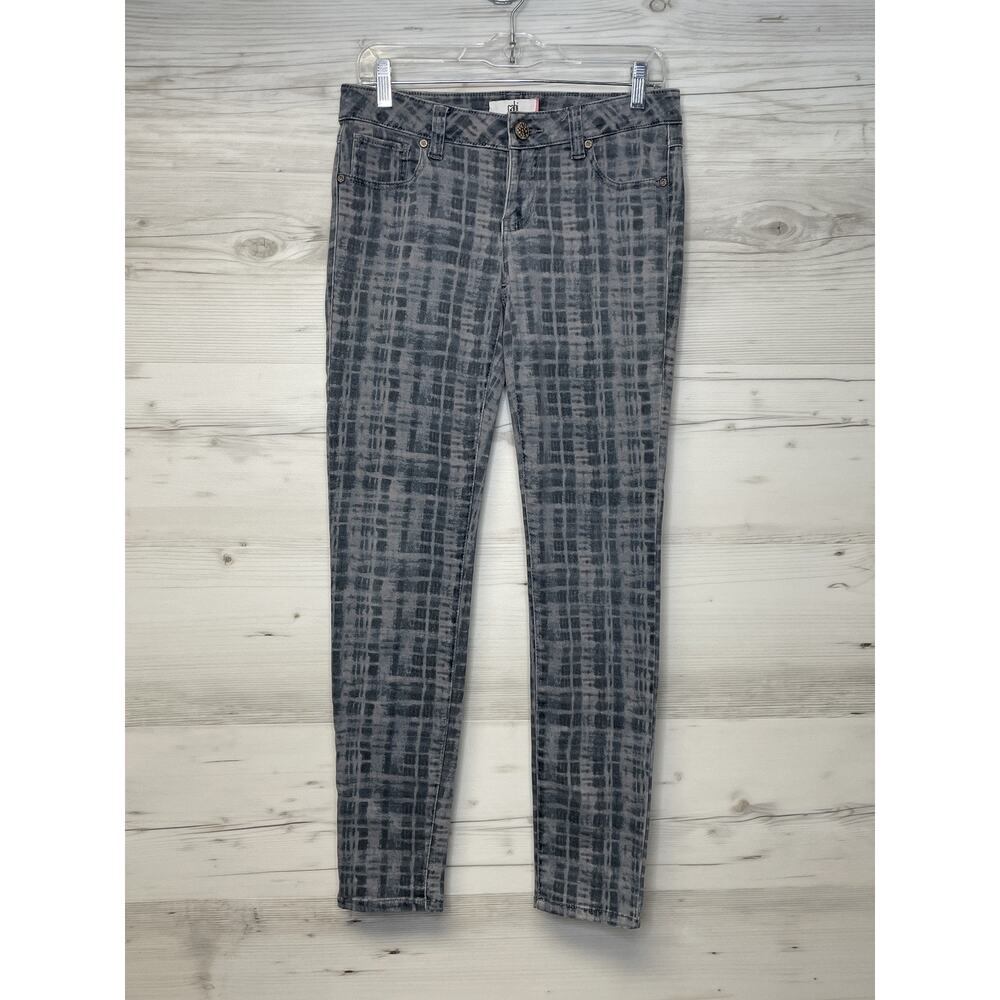 CAbi Womens 4 Gray Black Abstract‎ Grid Skinny Stretch Denim Pants Low Rise 3335